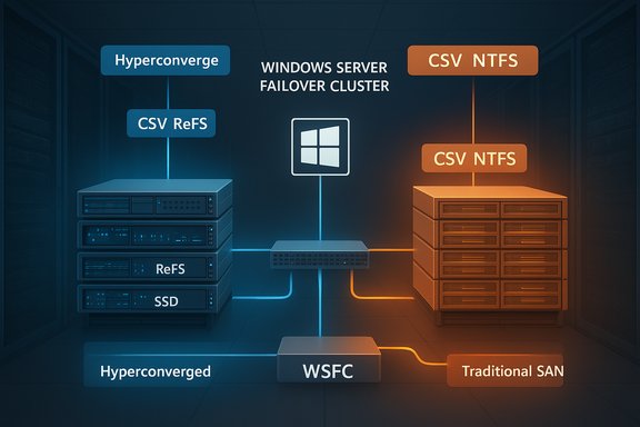 Windows Server Failover Cluster diagram showing hyperconverged storage and CSV NTFS.