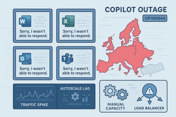 Copilot outage across Europe as Word, Excel, Outlook, and Teams fail to respond.