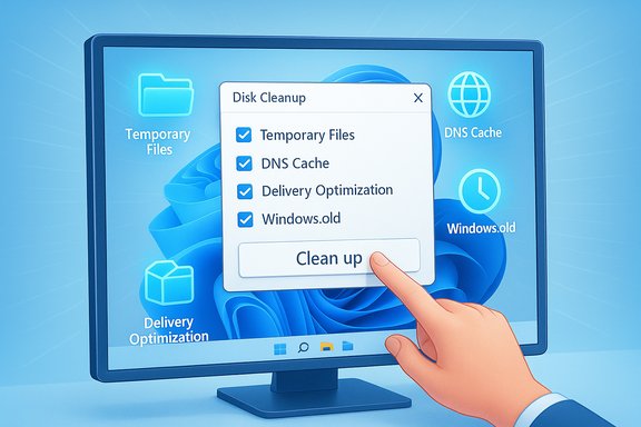A hand clicks 'Clean up' in a Windows Disk Cleanup dialog on a blue desktop.