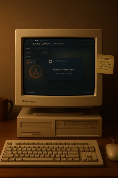 Retro Windows 7 desktop with a beige monitor showing Steam library and a sticky note. Retro Windows 7 desktop with a beige monitor showing Steam library and a sticky note.