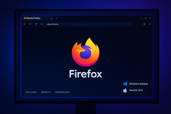 A Firefox browser window on a dark monitor displays a large Firefox logo and text.