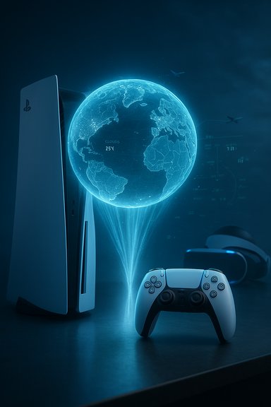 A PlayStation 5 and controller glow as a blue holographic globe rises between them.