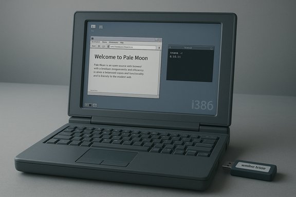 Retro i386 laptop displaying a Pale Moon welcome screen with a nearby USB drive.