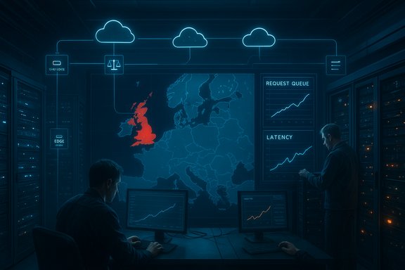 In a data center, analysts monitor cloud infrastructure with latency and queue graphs over a Europe map.