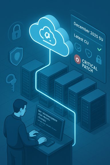 A technician patches cloud-connected servers in a data center, highlighting a critical patch.