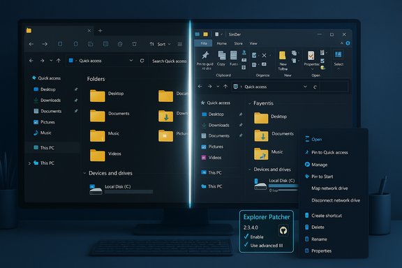 Two dark Windows Explorer windows split by a glowing seam, showing the Explorer Patcher UI.