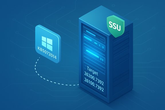 A blue data server with an SSU shield receives Windows update KB5072014 from a floating tile.