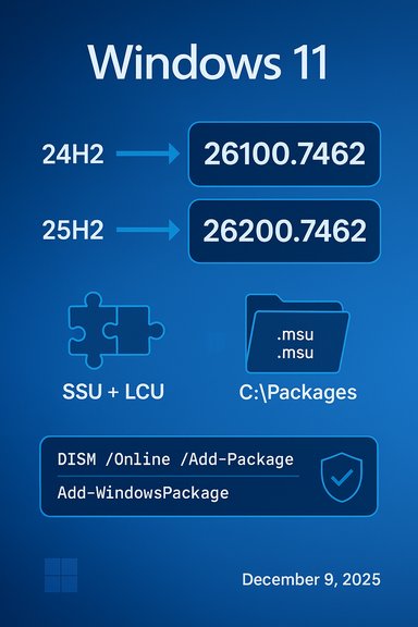 Windows 11 infographic showing build numbers, SSU/LCU, and packaging path.