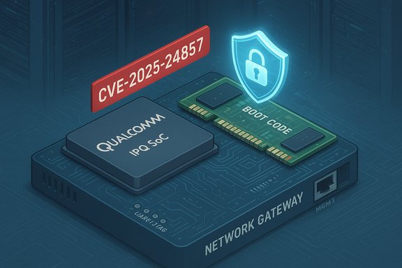Network gateway with a Qualcomm IPQ SOC, boot code, and a CVE security alert.