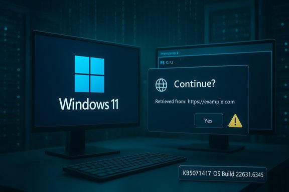 Windows 11 desktop with a “Continue?” security prompt and OS build badge. Windows 11 desktop with a “Continue?” security prompt and OS build badge.