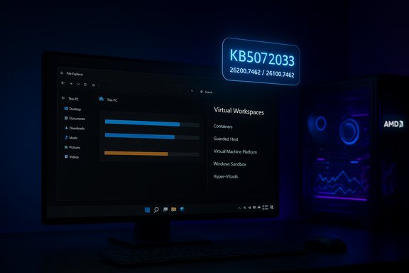 Dark blue-lit desk with a Windows File Explorer on a monitor and a glowing KB5072033 badge above.