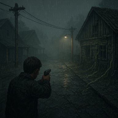 A shadowy man with a pistol stands on a rain-soaked street at night.