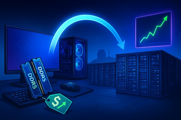 Neon-blue data center with DDR5 RAM sticks, stacked servers, and a rising growth chart.