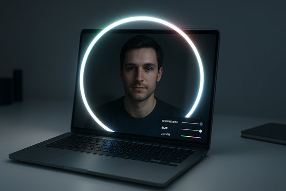 A man's portrait on a laptop screen framed by a glowing neon ring light and on-screen edit sliders.