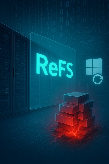 Futuristic data center with a glowing ReFS sign and a stack of glowing red bricks. Futuristic data center with a glowing ReFS sign and a stack of glowing red bricks.