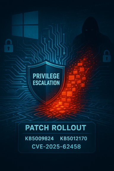 Graphic of a shield labeled Privilege Escalation, showing patch rollout for CVE-2025-62458.