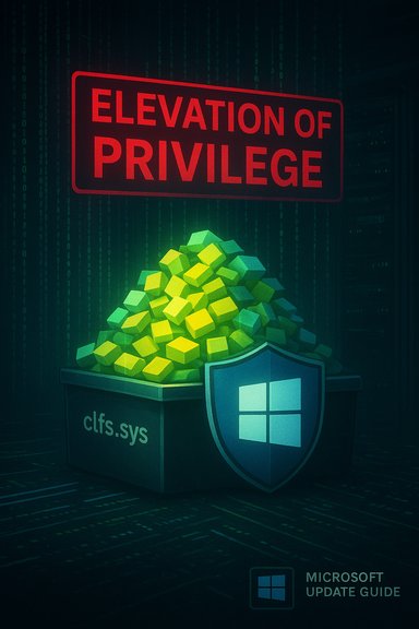 A pile of green blocks labeled clfs.sys sits under a red “Elevation of Privilege” sign beside a Windows shield.
