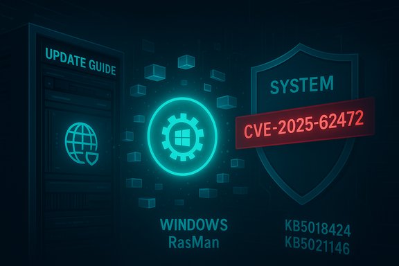 Cybersecurity illustration showing a Windows system vulnerability CVE-2025-62472 with an update guide.