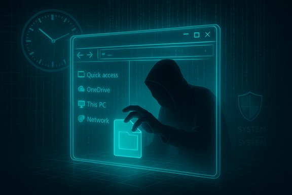 A hooded figure hacks a glowing Windows-like file explorer in a neon cyberpunk scene.