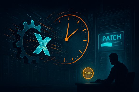 Silhouette at a desk watches a giant clock and gear signaling system patching.