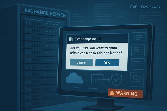 Monitor displays an Exchange admin consent prompt with Cancel/Yes and a WARNING label.