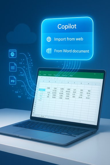 A laptop screen displays Copilot options: Import from web or From Word document.