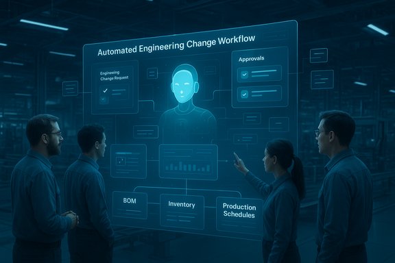 Team reviews automated engineering change workflow on a holographic display.