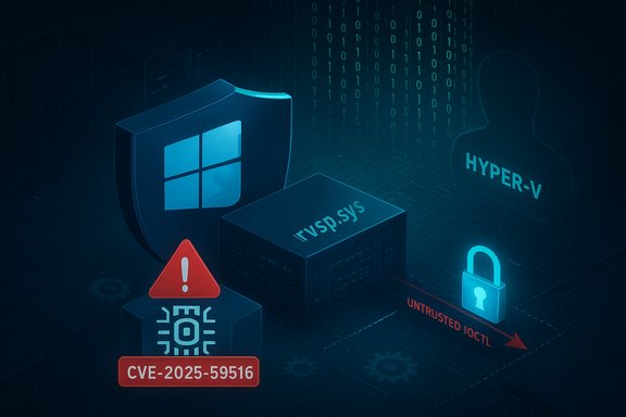 Illustration of Windows Hyper-V vulnerability CVE-2025-59516 with untrusted IOCTL.