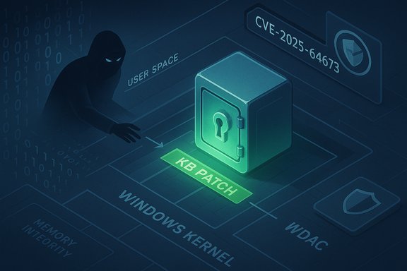 A hooded hacker applies a glowing green 'KB PATCH' to a vault in a cybersecurity scene.