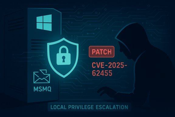 A hooded hacker targets a patch for CVE-2025-62455, a local privilege escalation.