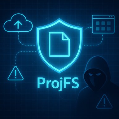 Neon blue security graphic featuring a shield and ProjFS document icon, with cloud, warnings, and a hooded hacker silhouette.