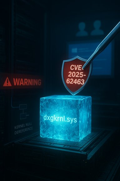 A CVE shield (CVE 2025-62463) is pinned into a block labeled dxgkrnl.sys amid warning signs.