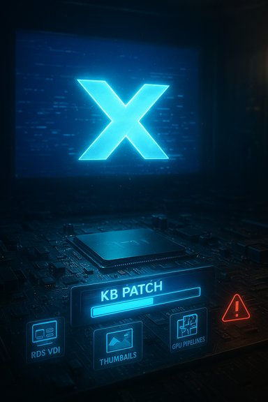 A glowing blue X on a futuristic screen above a circuit board labeled KB PATCH with a warning icon.