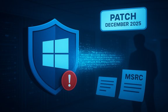 Windows shield with a red alert badge, patch notice (Dec 2025), and MSRC documents.