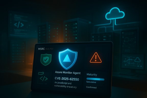 A futuristic tablet displays Azure Monitor Agent details, shield icon, and a CVE warning.