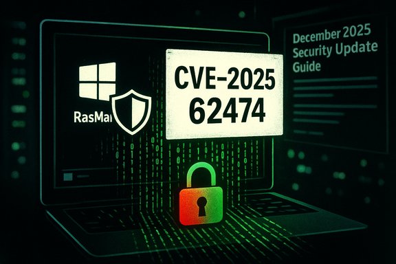 Laptop screen shows CVE-2025-62474 security alert with shield, Windows logo, and a padlock.