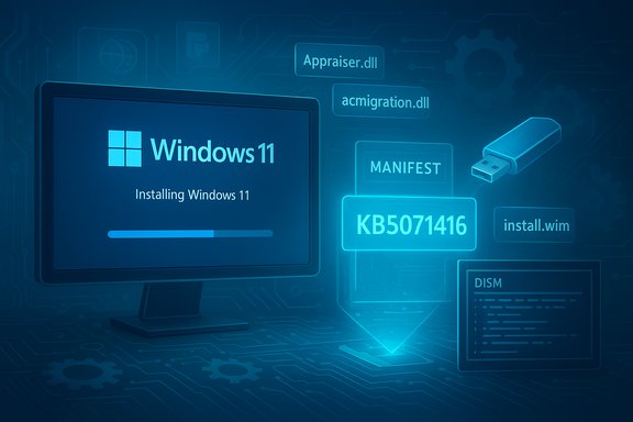 Blue-toned screen shows Windows 11 installation in progress on a monitor.