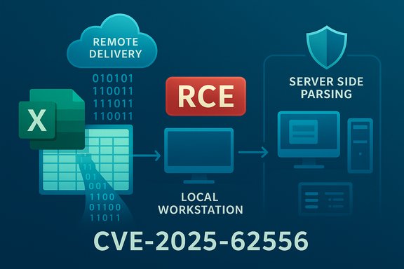 Diagram of CVE-2025-62556: remote delivery to local workstation leading to RCE and server-side parsing.