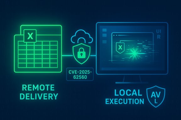Neon cybersecurity illustration showing remote delivery and local execution (CVE-2025-62560).