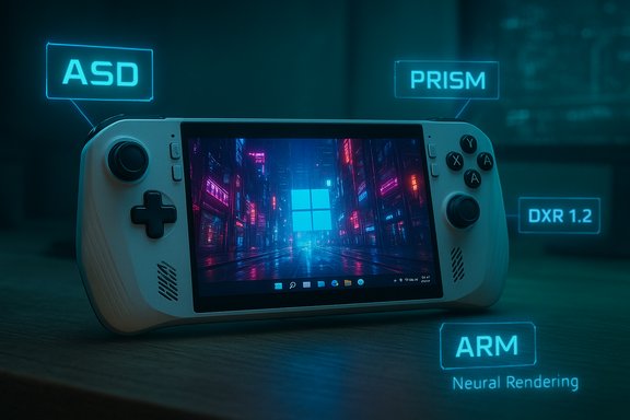A handheld game console on a desk, with neon blue AR labels and a cyberpunk city scene on its screen.