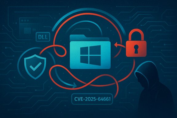 Cybersecurity illustration of Windows CVE-2025-64661, featuring a hooded figure, a lock, shield, and DLL icon.