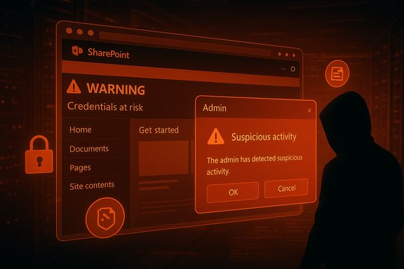 A hooded figure watches a SharePoint admin warning about suspicious activity on screen.
