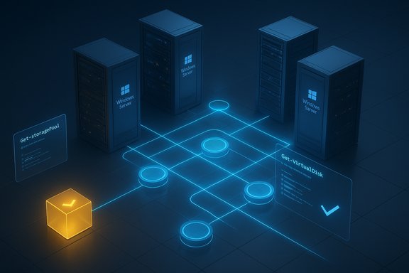 Blue-lit data center with Windows Server racks connected by a neon grid and holographic commands.