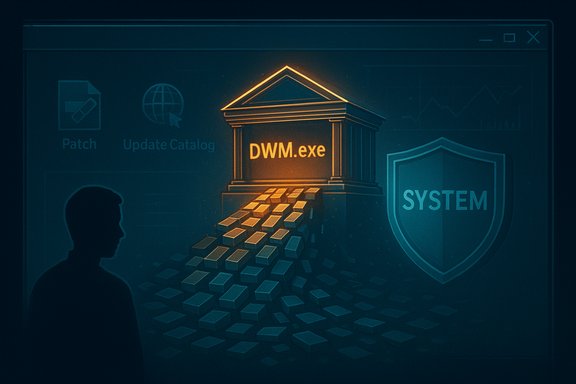 A glowing temple labeled DWM.exe rises from a sea of blocks, guarding SYSTEM.