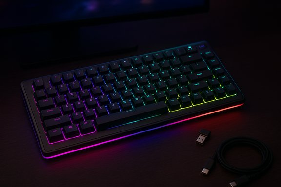 RGB backlit mechanical keyboard on a dark desk with a braided USB cable and dongle.