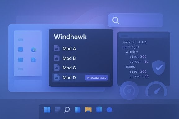 Blue UI mockup of Windhawk showing Mod A–D with a Precompiled tag.