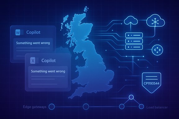 Blue holographic UK map with cloud servers and Copilot error messages. Blue holographic UK map with cloud servers and Copilot error messages.