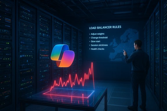 In a data center, a technician reviews load balancer rules beside a glowing neon graph.