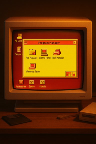 Old CRT computer displaying Windows 3.x Program Manager with an orange-tinted screen.