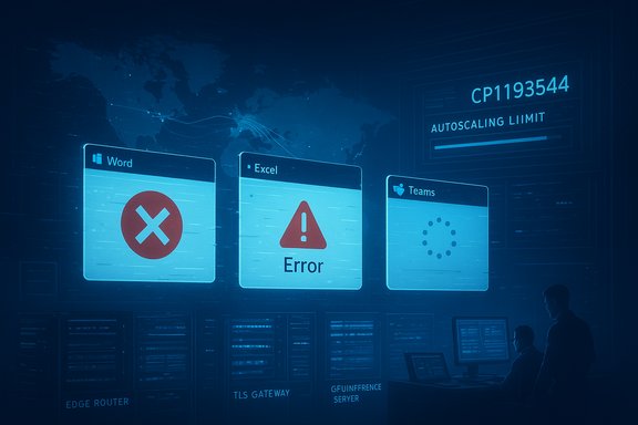 Blue digital dashboard shows Word error, Excel alert, and Teams loading.